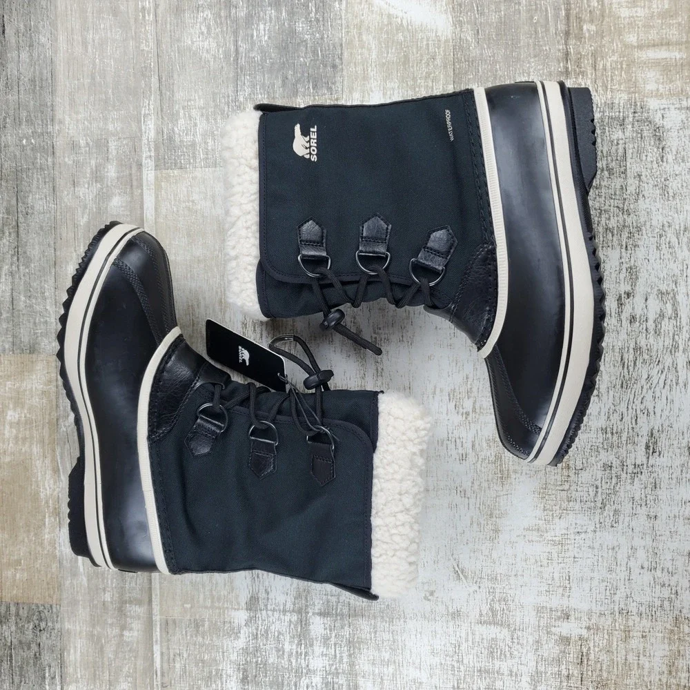 Sorel Yoot Pac Nylon Youth Winter Waterproof Boots Sz 6 Black Leather Shearling